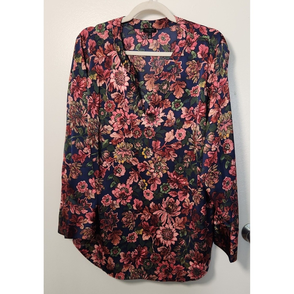 Talbots Plus Women's 1X Floral Blouse Tunic V-Neck Long‎ Sleeve Pink Blue Career